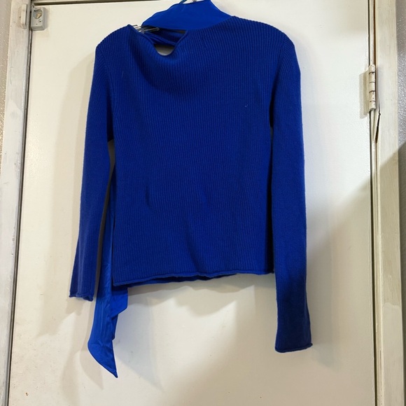 RtA Millie Tie Neck Sweater 100% Cashmere Silk Royal Blue Small Scarf Cut Out - Picture 6 of 15